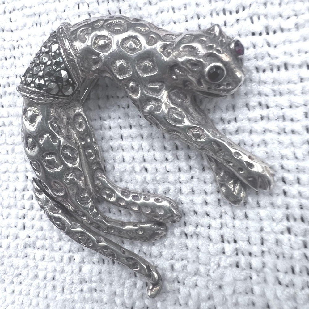 Vtg Sterling w Gold Wash Leopard Brooch Pendant Articulated Garnet Marcasites‎
